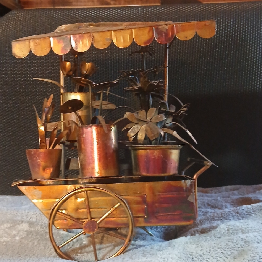 Vintage Metal Flower Cart Sculpture - Copper